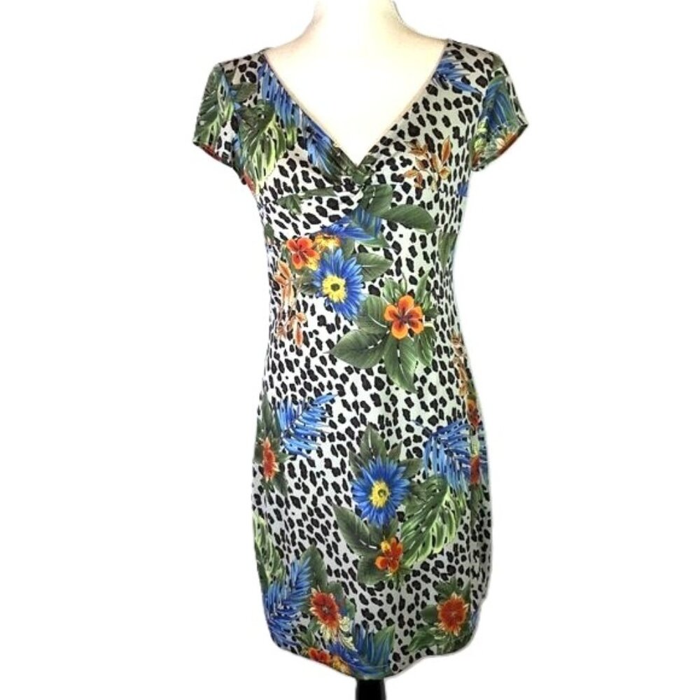 BCBG Tropical Floral Leopard Print Dress Short Cap Sleeves V Neck Size M / L